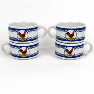 Houston Harvest Rooster Soup Mugs Set of 4 Blue Check Handled Farmhouse